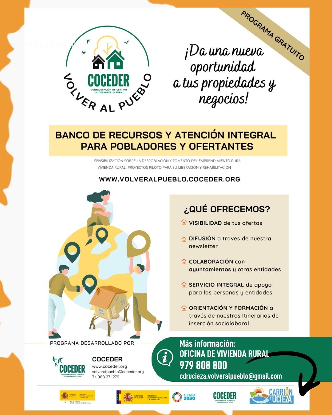 🏡 ¡Da una nueva oportunidad a tus propiedades y negocios!

El Centro de Desarrollo Rural Carrión y Ucieza, dispone de un banco de recursos y atención integral para pobladores y ofertantes.

¿Qué ofrecemos?
· Visibilidad de tus ofertas
· Difusión a través de nuestra newsletter
· Colaboración con ayuntamientos y otras entidades
· Servicio integral de apoyo para las personas y entidades
· Orientación y Formación a través de nuestros itinerarios de inserción sociolaboral
 
📩 ponte en contacto con nuestro Centro de Desarrollo Rural Carrión y Ucieza y te informamos sin compromiso. 979 808 800

Trabajamos para activar el territorio, fijar población y dar nuevas oportunidades al medio rural.

"Sensibilización sobre la despoblación y fomento del emprendimiento rural" financiado por el Ministerio de Derechos Sociales Consumo y Agenda 2030, dentro de los programas de interés social, con cargo a la asignación tributaria del 0,7% del IRPF @xsolidaria  #XSolidaria @coceder_rural
