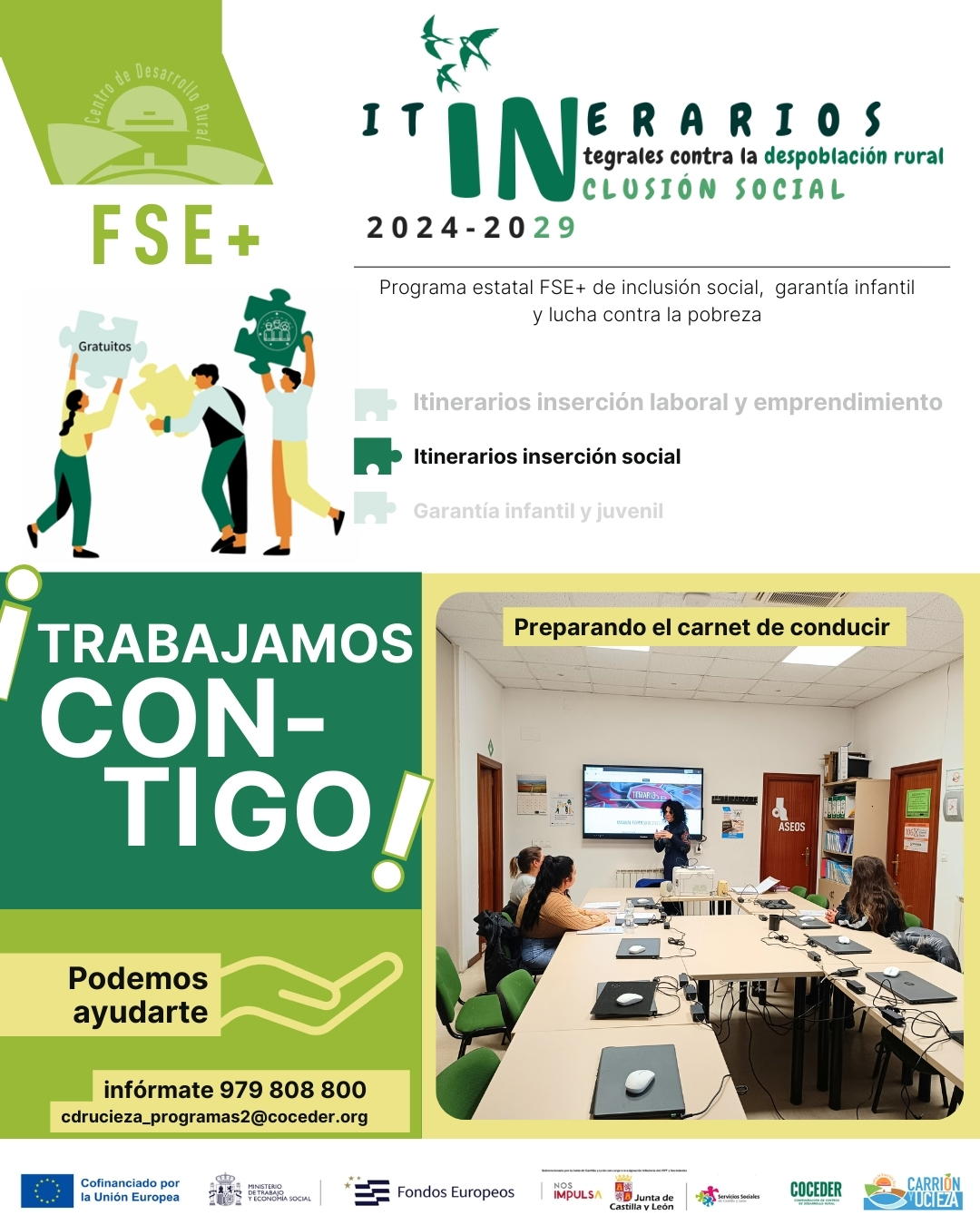 👣 En nuestro CDR, dentro de los Itinerarios Integrales contra la Despoblación Rural, continuamos trabajando con la población, acompañando a las personas y atendiendo sus necesidades reales en el día a día.
 
📌 A través de los itinerarios integrales personalizados, intervenimos en diferentes áreas para favorecer la inserción social y laboral:
🧑‍🏫 Refuerzo educativo
🚗 Apoyo para sacarse el carnet de conducir
🤝 Acompañamiento en gestiones administrativas y mucho más
 
Porque vivir y quedarse en el medio rural es posible cuando existen apoyos cercanos, accesibles y adaptados a cada persona. 💚
 
#MedioRural #DespoblaciónRural #InserciónSocial #OportunidadesRurales #CDR #DesarrolloRural
 
Programa estatal FSE+ de inclusión social, garantía infantil y lucha contra la pobreza (2021es05sfpr003), una operación del Ministerio de Trabajo y Economía Social, coordinado por @coceder_rural y cofinanciado por la @comisioneuropea , a través del programa integral para la inclusión social dirigido a la población en situación o riesgo de exclusión social que vive en el medio rural subvencionado por la @juntadecastillayleon -Consejería de familia e igualdad de oportunidades financiado con cargo a la asignación tributaria del 0,7% de los Impuestos sobre la Renta de las Personas Físicas y sobre Sociedades para la realización de programas de interés general . #FSE @xsolidaria @msocialgob