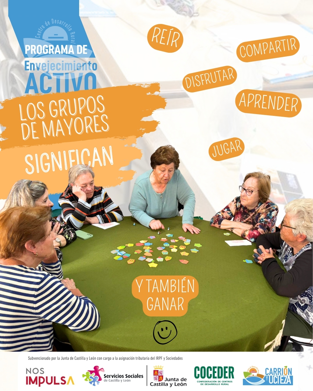 👵👴✨ Los grupos de mayores son mucho más de lo que parecen…
Son reír, disfrutar, compartir, aprender, jugar…
y sí, también son ganar 🏆💪
 
Ganar momentos, ganar sonrisas, ganar compañía y, sobre todo, ganar calidad de vida ❤️
 
Porque cada encuentro suma, cada actividad une y cada risa cuenta 😊
 
#MayoresActivos #EnvejecimientoActivo #VidaRural #CompartirEsVivir #Bienestar #Comunidad
 
Esta actividad está enmarcada dentro del Programa de Atención Integral a las Personas Mayores en el Medio Rural subvencionado por la @juntadecastillayleon - Consejería de Familia e Igualdad de Oportunidades y que está financiado con cargo a la asignación tributaria del 0,7% de los Impuestos sobre la Renta de las Personas Físicas y sobre Sociedades para la realización de programas de interés general. Promueve @coceder_rural
