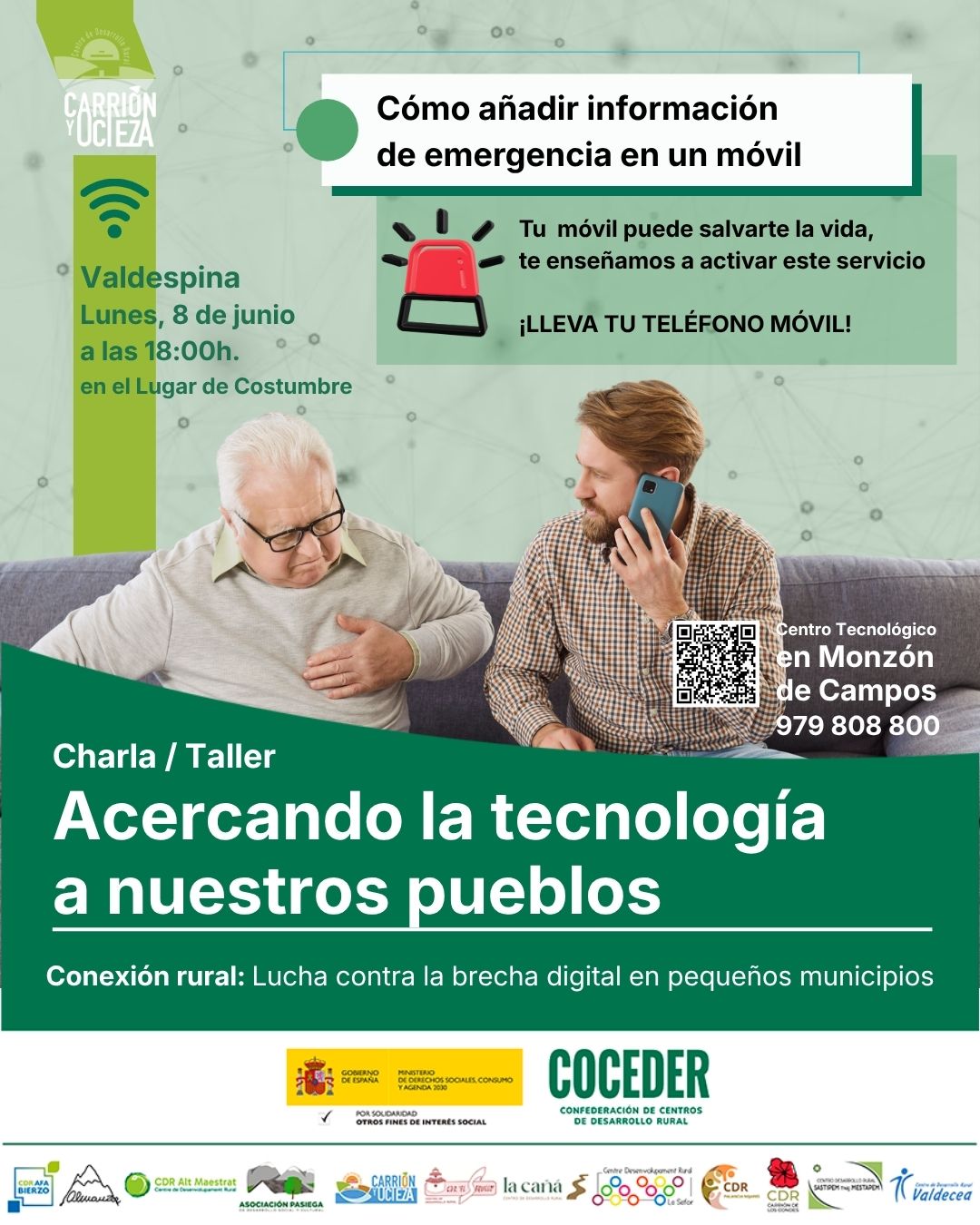 📱🌾 La tecnología también cuida de nuestros pueblos
 
Seguimos recorriendo nuestras localidades con charlas prácticas para acercar las herramientas digitales a todas las personas y reducir la brecha digital en el medio rural. 💻✨
 
En esta ocasión, estamos aprendiendo a configurar la información de emergencia en nuestros teléfonos móviles 📲🆘, una función sencilla pero muy útil que puede facilitar una respuesta rápida cuando más se necesita.
 
📍 Próxima sesión en Valdespina
🗓️ Lunes 8 de junio
⏰ 18:00 h
 
Pequeños aprendizajes que aportan más seguridad, autonomía y tranquilidad en nuestro día a día. 💚
 
"Conexión rural: lucha contra la brecha digital en pequeños municipios", impulsado por @coceder_rural , para reducir la brecha digital y acercar la tecnología a nuestros pueblos. Financiado por el @msocialgob , dentro de los programas de interés social, con cargo a la asignación tributaria del 0’7% del IRPF. @xsolidaria