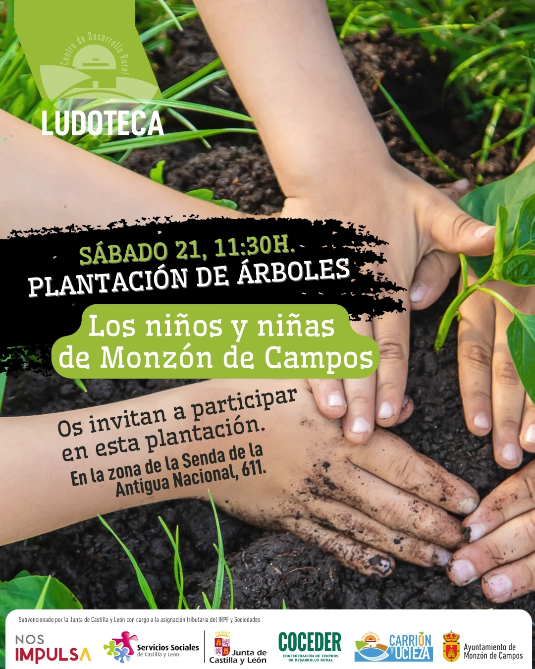 🌳✨ ¡Celebramos el Día Internacional de los Bosques en Monzón de Campos! ✨🌳
 
Somos los peques de la ludoteca y queremos invitaros a algo muy especial 💚
 
👉 Este sábado 21 a las 11:30h nos vamos a la senda de la antigua nacional 611 para hacer una plantación de árboles 🌱🌿
 
Un plan perfecto para disfrutar en familia, cuidar nuestro entorno y aprender a proteger la naturaleza desde pequeños 🌍
 
👨‍👩‍👧‍👦 ¡Ven con nosotros y deja tu huella verde en Monzón de Campos!
📍 Lugar: Senda de la antigua nacional 611
🕦 Hora: 11:30h
🤝 Organiza: Ayuntamiento de Monzón de Campos
 
💬 ¡Os esperamos con mucha ilusión!
 
Una actividad enmarcada dentro del Programa de promoción del Voluntariado en el medio rural y subvencionado por la @juntadecastillayleon - Consejería de Familia e Igualdad de Oportunidades y que está financiado con cargo a la asignación tributaria del 0,7% de los Impuestos sobre la Renta de las Personas Físicas y sobre Sociedades para la realización de programas de interés general. Promueve @coceder_rural 
@coced er_rural