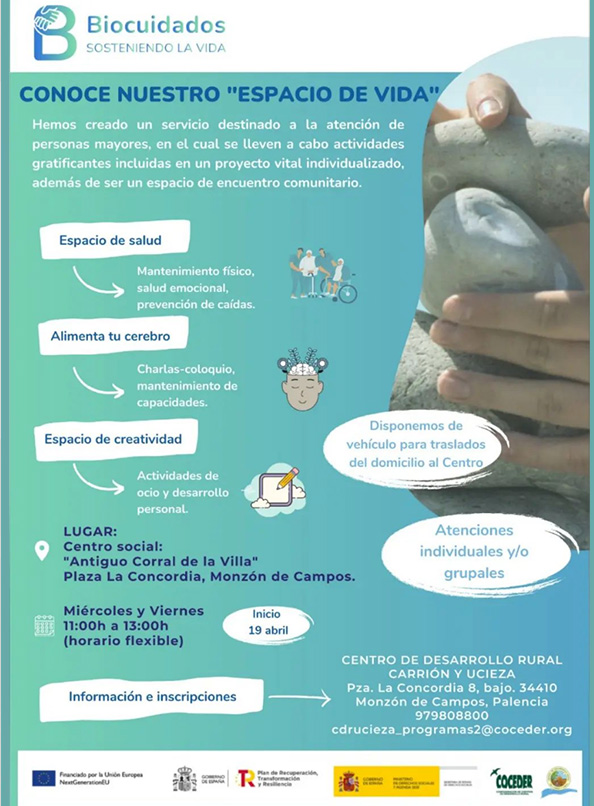 📣 Desde el Centro de Desarrollo Rural Carrión y Ucieza, y el proyecto Biocuidados, apostamos por el trabajo comunitario y la vida en comunidad; por ello ponemos en marcha en la localidad de Monzón de Campos, nuestro Espacio de Vida, un servicio para personas mayores donde llevaremos a cabo diferentes actividades, apoyando los deseos y preferencias de cada persona, evitando el aislamiento y ofreciendo una vida activa en comunidad. Te animamos a participar y a difundir esta actividad. Para cualquier duda o información, no dudéis en contactar con nosotras😄