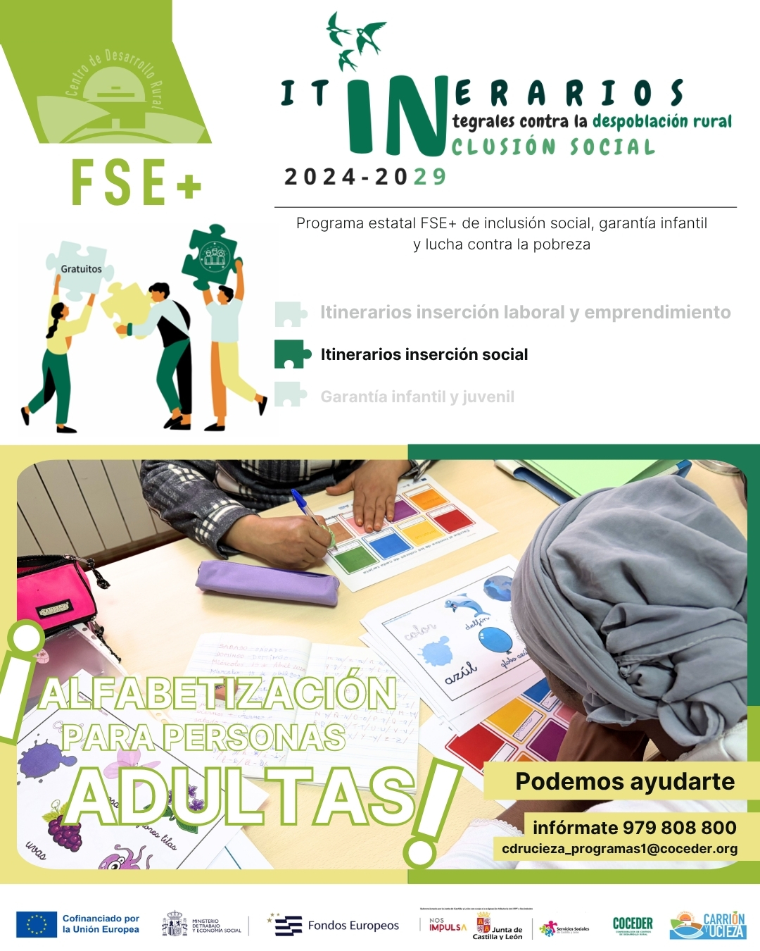 En nuestro programa de Itinerarios de Inclusión Social trabajamos para acercar oportunidades a las personas que más lo necesitan, adaptándonos a su realidad y a sus necesidades. ¿De qué manera estamos trabajando?

🚗 Ofrecemos clases de apoyo para la preparación de la parte teórica del permiso de conducir, una herramienta que puede abrir las puertas al empleo y favorecer la autonomía personal.

📚 Impartimos clases de alfabetización y de aprendizaje de español dirigidas a personas migrantes que necesitan adquirir las competencias básicas para desenvolverse en su día a día, acceder a recursos y favorecer su inclusión social.

🤝 Nos desplazamos hasta el municipio donde residen las personas participantes, facilitando el acceso a la formación y eliminando barreras para que nadie se quede atrás, porque la inclusión empieza acercando los recursos a las personas.

Programa estatal FSE+ de inclusión social, garantía infantil y lucha contra la pobreza (2021es05sfpr003), una operación del Ministerio de Trabajo y Economía Social, coordinado por @coceder_rural y cofinanciado por la @comisioneuropea , a través del programa integral para la inclusión social dirigido a la población en situación o riesgo de exclusión social que vive en el medio rural subvencionado por la @juntadecastillayleon -Consejería de familia e igualdad de oportunidades financiado con cargo a la asignación tributaria del 0,7% de los Impuestos sobre la Renta de las Personas Físicas y sobre Sociedades para la realización de programas de interés general . #FSE @xsolidaria
