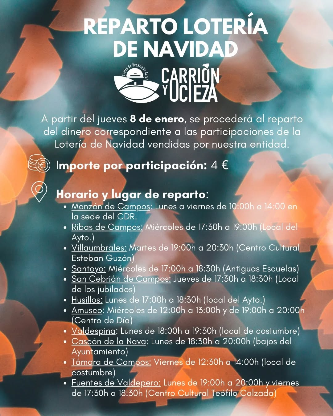 🎄 Reparto Lotería de Navidad 🎄

¡Nos ha tocado el reintegro! 🙌
👉 Por cada participación se podrán recoger 4 €.

📅 El reparto comenzará a partir del jueves 8 de enero.
ℹ️ En esta publicación podéis consultar toda la información sobre el reparto (fechas, horario y lugar).

Gracias por colaborar con nuestra entidad y apoyar el trabajo en el medio rural 💛