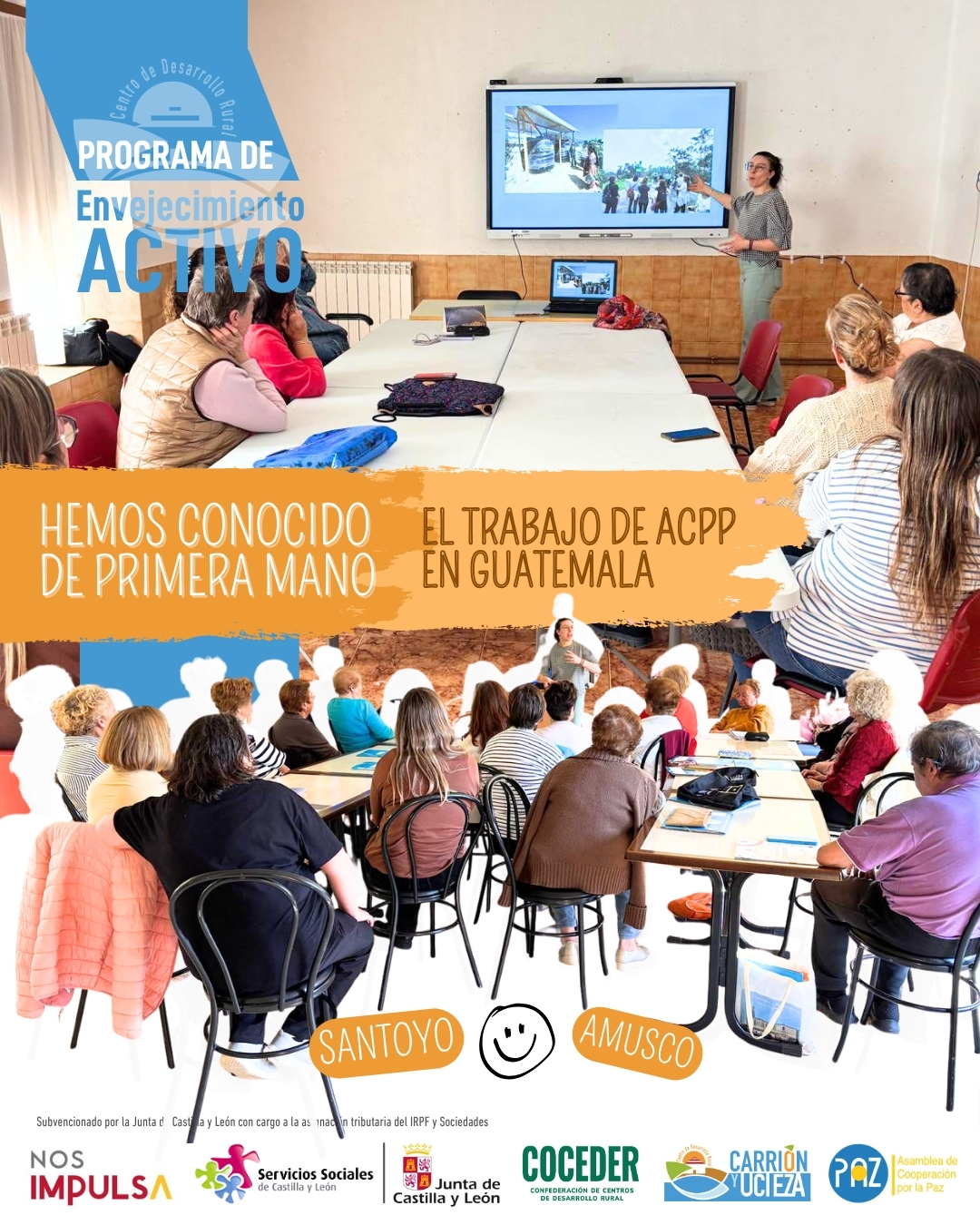 💚 Derecho a la Salud 💧🌍
 
El pasado miércoles vivimos una jornada muy especial en Santoyo y Amusco.
 
Contamos con la visita de María, vecina y participante de nuestras actividades, que nos acompañó en representación de ACPP ( @acpp_castillayleon)  para acercarnos a los proyectos de cooperación internacional que se impulsan gracias al compromiso de la ciudadanía. En esta ocasión, conocimos de cerca el trabajo que la ONG desarrolla en Guatemala.
 
Comenzamos con una interesante exposición sobre sus iniciativas en el terreno, y terminamos la actividad con un dinámico escape room centrado en el derecho al agua en distintas partes del mundo.
 
Una experiencia muy enriquecedora y reveladora que nos invita a reflexionar sobre la importancia de la cooperación internacional y el acceso a derechos fundamentales. 🌱✨
 
Esta actividad está enmarcada dentro del Programa de Atención Integral a las Personas Mayores en el Medio Rural subvencionado por la @juntadecastillayleon - Consejería de Familia e Igualdad de Oportunidades y que está financiado con cargo a la asignación tributaria del 0,7% de los Impuestos sobre la Renta de las Personas Físicas y sobre Sociedades para la realización de programas de interés general. Promueve @coceder_rural