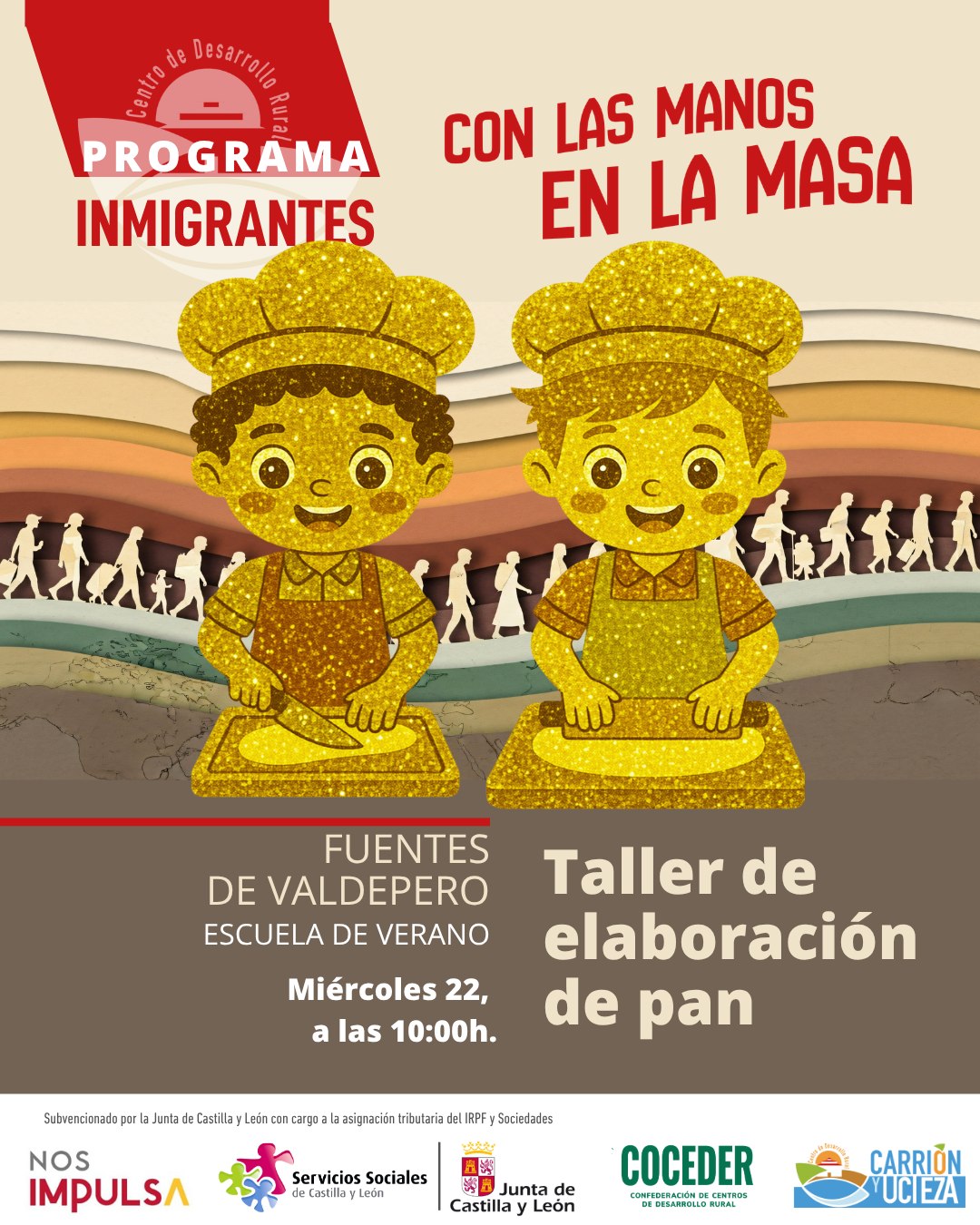 📣Actividad Intercultural en la escuela de verano de Fuentes de Valdepero🙋
 
Mañana, miércoles 22 a las 10:00h, tenemos un Taller práctico de elaboración de pan, que permitirá a los jóvenes del municipio conocer un poco mejor a la población inmigrante asentada en la localidad. 

Otra forma de generar un espacio de convivencia y acogida entre los vecinos.

¡Estamos deseando ver el resultado!

Esta actividad está enmarcada dentro del Programa Crecer en población y en solidaridad subvencionado por la @juntadecastillayleon - Consejería de Familia e Igualdad de Oportunidades y que está financiado con cargo a la asignación tributaria del 0,7% de los Impuestos sobre la Renta de las Personas Físicas y sobre Sociedades para la realización de programas de interés general. Promueve @coceder_rural