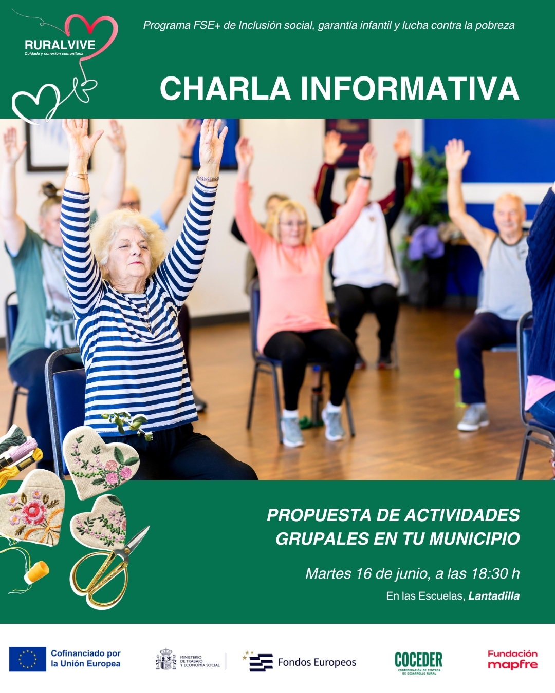 🌱🤝 ¿Te gustaría formar parte de una comunidad más activa y conectada?
 
Dentro del programa RuralVive, seguimos trabajando para fortalecer los vínculos sociales en nuestros pueblos, promoviendo el envejecimiento activo y la participación de las personas en la vida comunitaria.
 
📢 Por eso, te invitamos a una sesión informativa donde podrás conocer de primera mano esta iniciativa y descubrir cómo participar.
📅 Martes, 16 de junio
🕡 18:30 h
📍 Escuelas de Lantadilla
 
💬 Queremos contar contigo para construir una comunidad más participativa, acompañada y dinámica.
 
¡Ven a conocernos! Te esperamos. 😊
 
#RuralVive #EnvejecimientoActivo #ParticipaciónSocial #DesarrolloRural #Lantadilla
 
Este programa impulsado por @coceder_rural  se enmarca en el Programa FSE+ de Inclusión Social, Garantía Infantil y Lucha contra la Pobreza y está cofinanciado por la Unión Europea y la Fundación Mapfre ( @fmapfre ) , a través de la convocatoria Ayudas +Rural 2025. #EuropaSeSiente  #AyudasMasRural #coceder #cdrcarriónyucieza  @eu_civilsociety @comisioneuropea