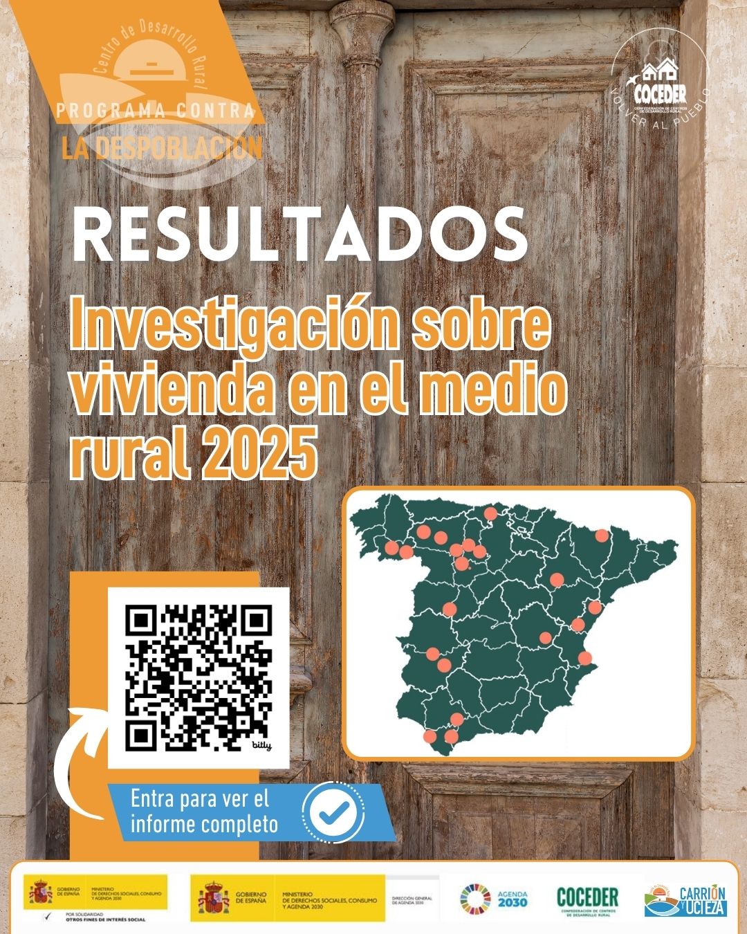 🏡 Vivienda rural y futuro para nuestros pueblos

Desde el CDR Carrión y Ucieza hemos participado en el estudio “Vivienda rural: proyectos piloto para su liberación y rehabilitación”, promovido por COCEDER y financiado por el Ministerio de Derechos Sociales, Consumo y Agenda 2030.

📊 Más de 11.500 viviendas analizadas en pueblos de menos de 1.000 habitantes para buscar soluciones frente a la despoblación y facilitar el acceso a la vivienda en el medio rural.

👉 Descubre los resultados completos en nuestra web
🔗 https://cdrcarrionyucieza.org/investigacion-sobre-vivienda-en-el-medio-rural/

"El programa de sensibilización y concienciación sobre la despoblación y la necesidad de emprendimiento rural en el medio rural, impulsado por @coceder_rural , está financiado por el Ministerio de Derechos Sociales, Consumo y Agenda 2030, dentro de los programas de interés social, con cargo a la asignación tributaria del 0,7% del IRPF y el programa vivienda rural, proyectos piloto para su liberación y rehabilitación está financiado por el Ministerio de Derechos Sociales, Consumo y Agenda 2030 para la realización de actividades relacionadas con la promoción e implementación de la Agenda 2030 para el Desarrollo Sostenible de España".

@msocialgob  @agenda2030gob  @xsolidaria 

#volveralpueblo #despoblación #volveralpueblo