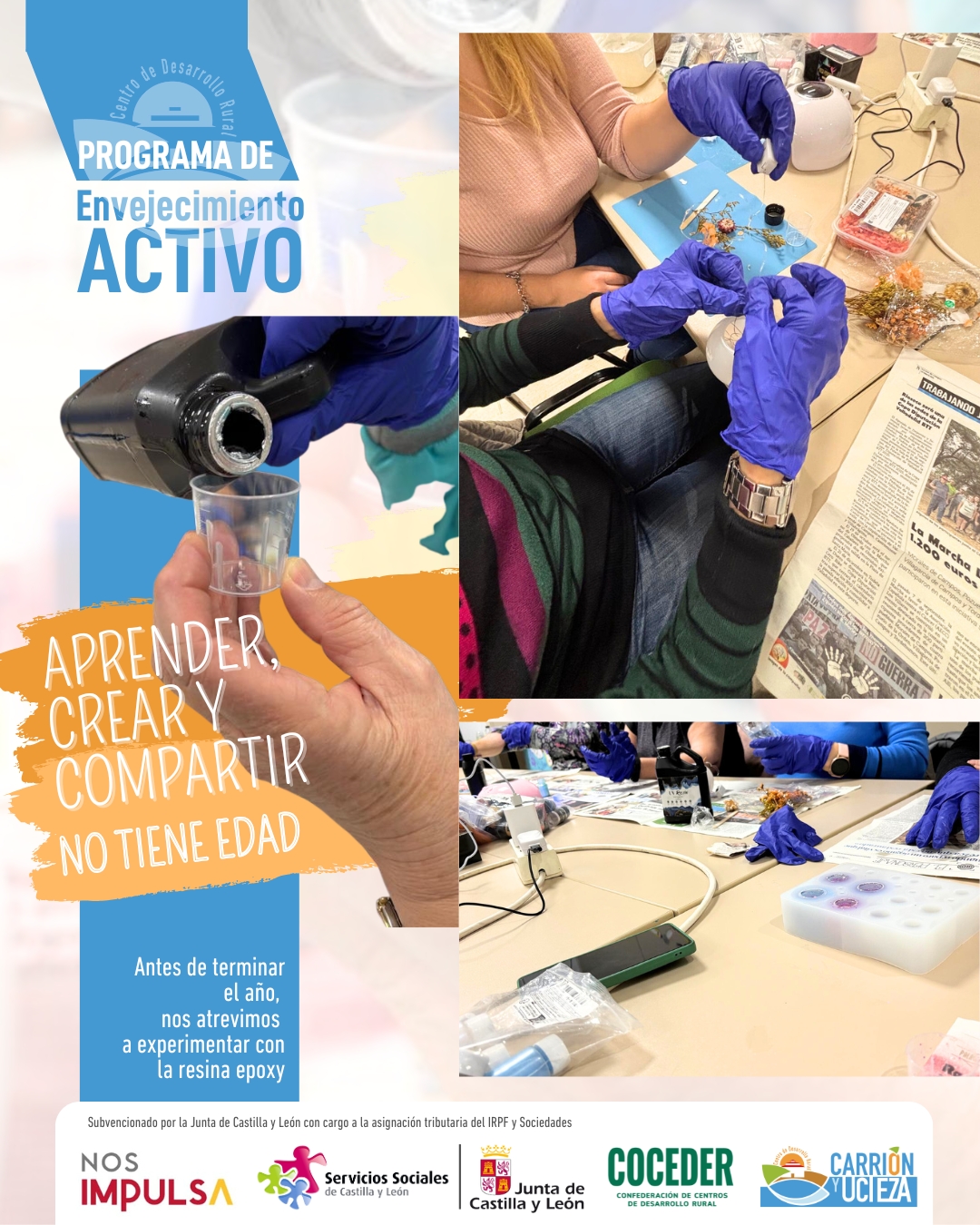 ✨ Envejecimiento activo en acción ✨
 
Como últimos coletazos de nuestro programa de envejecimiento activo antes de terminar el año, nos atrevimos a experimentar con la resina epoxy, creando pequeñas piezas llenas de creatividad.
 
🖐️💡 ¡Y no se nos dio nada mal!

Seguimos demostrando que aprender, crear y compartir no tiene edad.
 
💛 Gracias a todas las personas participantes por su entusiasmo y ganas.
 
Esta actividad está enmarcada dentro del Programa de Atención Integral a las Personas Mayores en el Medio Rural subvencionado por la @juntadecastillayleon - Consejería de Familia e Igualdad de Oportunidades y que está financiado con cargo a la asignación tributaria del 0,7% de los Impuestos sobre la Renta de las Personas Físicas y sobre Sociedades para la realización de programas de interés general. Promueve @coceder_rural