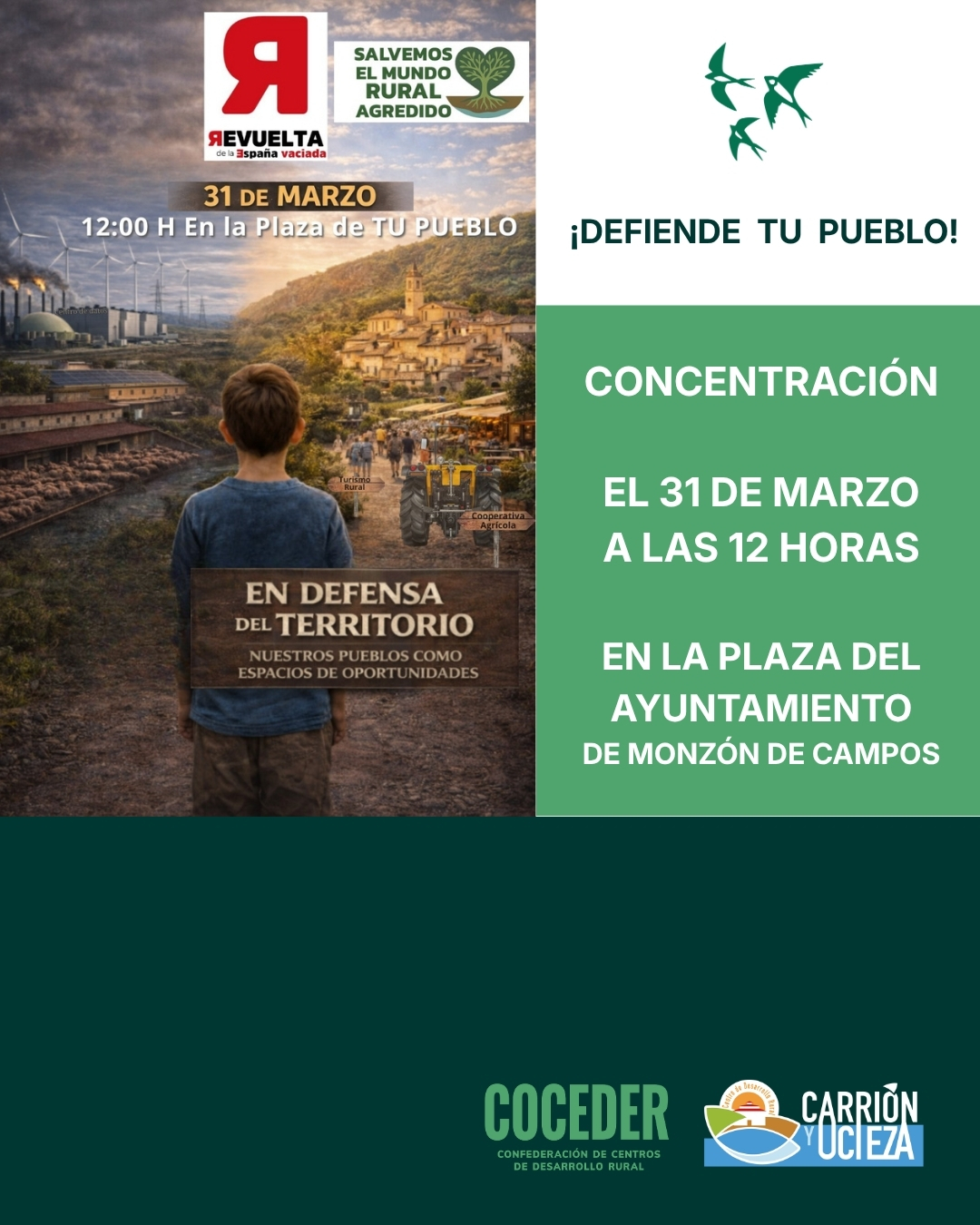 🔥 MONZÓN DE CAMPOS SE LEVANTA 🔥
 
Este 31 de marzo a las 12:00h no es un día más. 

Es el momento de decir BASTA al abandono institucional y a los proyectos que ponen en riesgo nuestros pueblos. Frente a la visión del mundo rural como un «problema», la Revuelta de la España Vaciada reivindica los pueblos como «espacios de oportunidades».
 
Y desde el CDR Carrión y Ucieza no vamos a quedarnos al margen.
 
💥 Nos movilizamos por:
✔️ Un futuro digno en el medio rural
✔️ Servicios públicos de calidad
✔️ Oportunidades para jóvenes y mayores
✔️ La defensa de nuestra tierra frente a la especulación
🤝 Esta concentración cuenta con el apoyo de los Centros de Desarrollo Rural de toda España. Porque cuando el mundo rural se une… se hace escuchar.
 
📍 Monzón de Campos, plaza del Ayuntamiento
🕛 12:00h
📅 31 de marzo
👣 Ven con nosotras.
💚 Súmate.
📣 Haz ruido por tu pueblo, por tu gente, por tu futuro.
 
#EspañaVaciada #RevueltaRural #MonzónDeCampos #MedioRuralVivo #CDRCarriónYUcieza #31Marzo #CastillayLeón