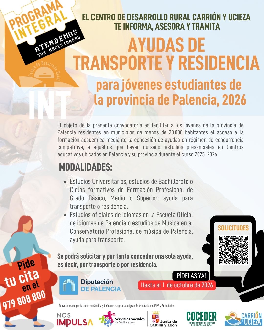 📚 AYUDAS DE TRANSPORTE Y RESIDENCIA PARA JÓVENES ESTUDIANTES DE LA PROVINCIA DE PALENCIA | 2026
 
🎓 Si eres estudiante y resides en un municipio de menos de 20.000 habitantes de la provincia de Palencia, esta información te interesa.
La convocatoria de ayudas de transporte y residencia para jóvenes estudiantes de Palencia 2026 tiene como objetivo facilitar el acceso a la formación académica de jóvenes que hayan cursado estudios presenciales durante el curso 2025-2026 en centros educativos ubicados en Palencia y su provincia.
 
👉 ¿Qué estudios pueden beneficiarse?
🔹 Estudios universitarios
🔹 Bachillerato
🔹 Ciclos Formativos de Formación Profesional de Grado Básico, Medio o Superior
➡️ Ayudas para transporte o residencia.
🔹 Estudios oficiales de idiomas en la Escuela Oficial de Idiomas de Palencia.
🔹 Estudios de Música en el Conservatorio Profesional de Música de Palencia.
➡️ Ayudas para transporte.
 
⚠️ Importante: cada persona podrá solicitar y recibir una única ayuda, ya sea para transporte o para residencia.
 
🏡 Una medida especialmente importante para facilitar que los jóvenes del medio rural de Palencia puedan continuar con sus estudios y acceder a oportunidades formativas.
 
📌 Si cumples los requisitos, consulta la convocatoria completa, requisitos, documentación y plazo de solicitud antes del 1 de octubre. @diputacionpalen https://www.diputaciondepalencia.es/sitio/juventud/subvenciones-ayudas/ayudas-transporte-residencia-jovenes-estudiantes-provincia-palencia-2026

Esta actividad está enmarcada dentro del Programa Integral para la inclusión social dirigido a la población en situación o riesgo de exclusión social que vive en el medio rural subvencionado por la @juntadecastillayleon - Consejería de Familia e Igualdad de Oportunidades y que está financiado con cargo a la asignación tributaria del 0,7% de los Impuestos sobre la Renta de las Personas Físicas y sobre Sociedades para la realización de programas de interés general. Promueve @@coceder_rural