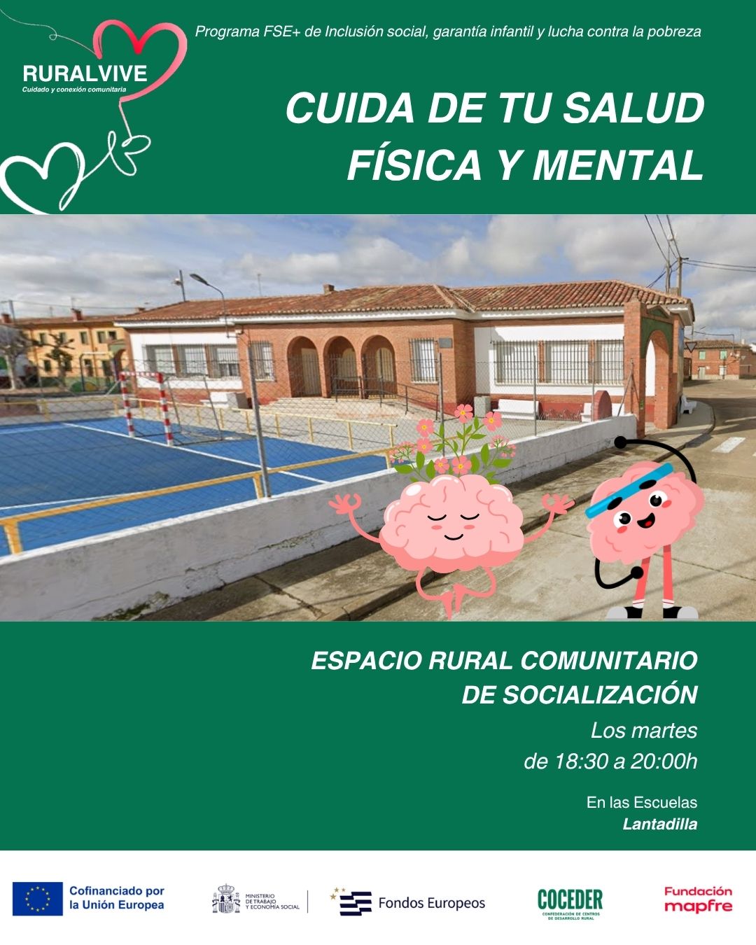 💙 ESPACIO RURAL COMUNITARIO DE SOCIALIZACIÓN EN LANTADILLA 💙
 
En Lantadilla seguimos creando espacios para encontrarnos, compartir y cuidar de ti. 🌱
 
📅 Todos los martes
📍 Las Escuelas de Lantadilla
🕡 De 18:30 a 20:00 h
 
Nuestro Espacio Rural Comunitario de Socialización está dirigido a personas mayores de 65 años y nace con un objetivo muy importante: cuidar de nuestra salud física y mental, mantenernos en activo y, sobre todo, disfrutar de la compañía de otras personas. 🧠💪❤️✨
 
A través de diferentes actividades trabajamos la memoria, el movimiento, la creatividad, la socialización y el bienestar emocional, creando también redes de apoyo y comunidad en nuestros pueblos.
 
Porque cuidarnos también significa salir de casa, compartir, aprender cosas nuevas y disfrutar en comunidad.
 
🙌 ¡Ven a participar! Te esperamos en Lantadilla.
 
Este programa impulsado por @coceder_rural  se enmarca en el Programa FSE+ de Inclusión Social, Garantía Infantil y Lucha contra la Pobreza y está cofinanciado por la Unión Europea y la @fmapfre , a través de la convocatoria Ayudas +Rural 2025. #EuropaSeSiente #AyudasMasRural #coceder #cdrcarriónyucieza @eu_civilsociety · @comisioneuropea  #FundaciónMapfre