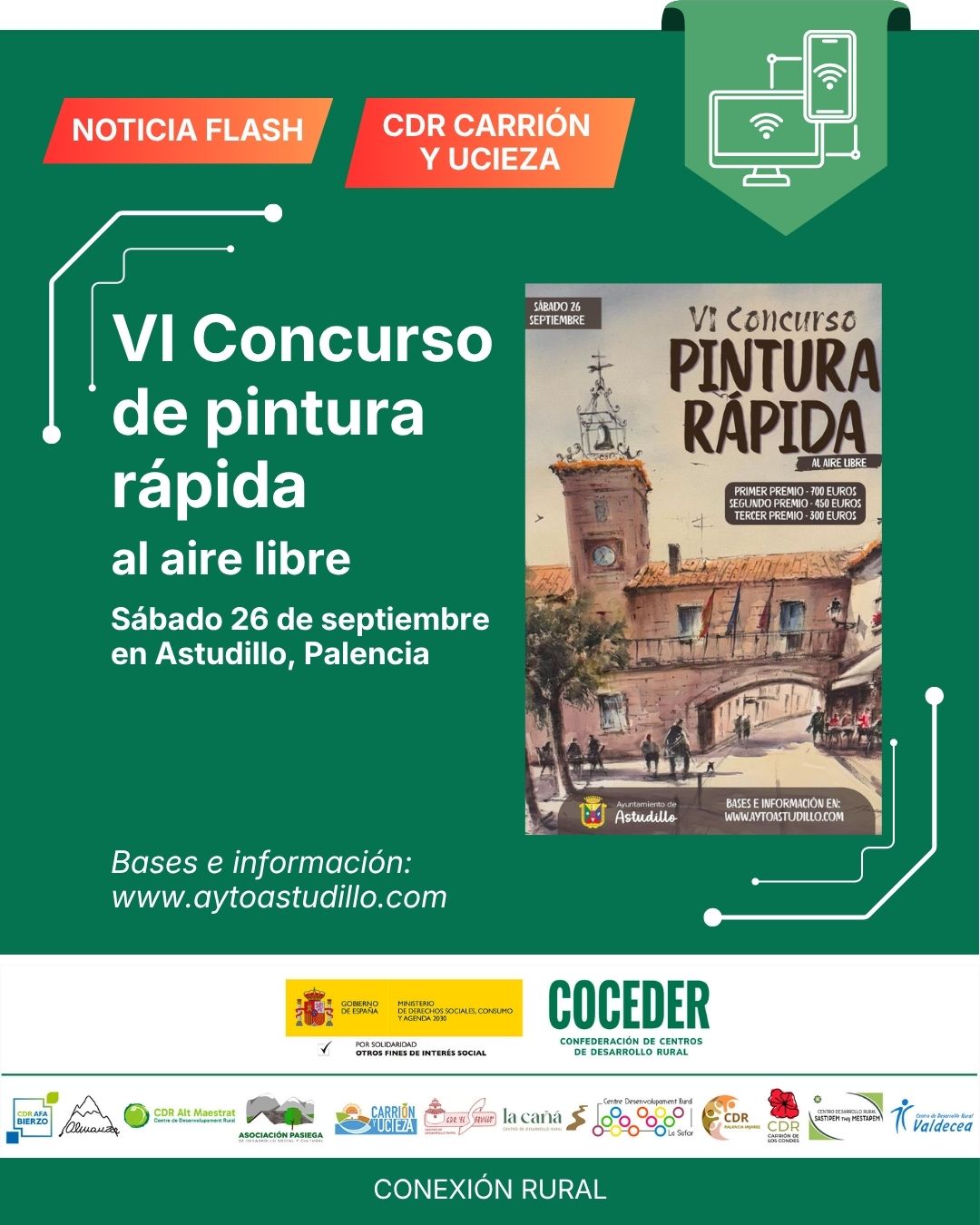 @🎨🖌️ VI Concurso de Pintura Rápida al Aire Libre en Astudillo
 
¿Te gusta la pintura y quieres disfrutar de una jornada artística en un entorno único? 🌿🎨
 
El próximo sábado 26 de septiembre, Astudillo acogerá el VI Concurso de Pintura Rápida al Aire Libre, una cita cultural que reunirá a artistas para plasmar sobre el lienzo los rincones y paisajes de esta localidad palentina.
 
📅 Sábado, 26 de septiembre de 2026
📍 Astudillo (Palencia)

Una oportunidad para disfrutar del arte, descubrir Astudillo desde otra perspectiva y acompañar a los artistas durante una jornada dedicada a la pintura y la creatividad.
 
📌 Consulta las bases, condiciones e información completa en la web del Ayuntamiento de Astudillo: www.aytoastudillo.com. @ayuntamientodeastudillo 
 
👉 ¡Apunta la fecha y no te lo pierdas!
 
"Conexión rural: lucha contra la brecha digital en pequeños municipios", financiado por el Ministerio de Derechos Sociales Consumo y Agenda 2030 @msocialgob, dentro de los programas de interés social, con cargo a la asignación tributaria del 0’7% del IRPF. @xsolidaria . Un programa desarrollado por @coceder_rural  junto a 12 centros de desarrollo rural.