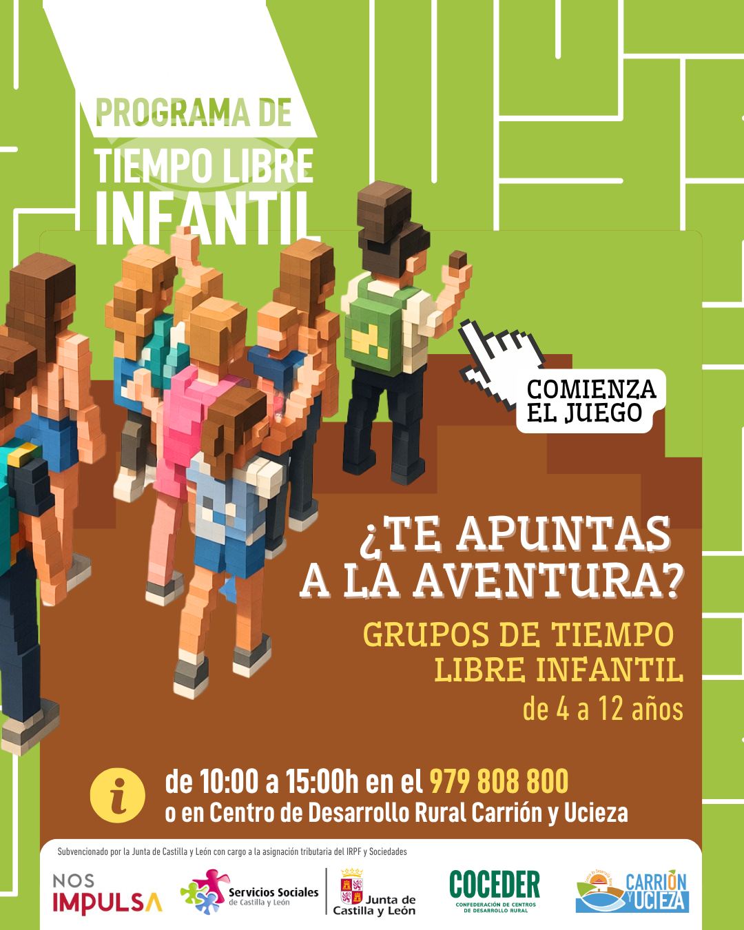 🎉 ¡¿TE APUNTAS A LA AVENTURA?! 🎉
 
En el CDR Carrión y Ucieza ponemos en marcha nuestros grupos de Tiempo Libre Infantil para niños y niñas de 4 a 12 años. 🧒👧
 
Un espacio para jugar, crear, aprender, compartir y hacer nuevos amigos, disfrutando del tiempo libre de una forma divertida y educativa. 🌈🎨🧩
 
💚 Si quieres que tus peques formen parte de nuestros grupos, ya puedes inscribirte o pedir más información.
📍 CDR Carrión y Ucieza. 979 808 800
🕙 De 10:00 a 15:00 h.
 
¡Os esperamos para empezar juntos nuevas aventuras! 🚀

Esta actividad está enmarcada dentro del Programa de Conciliación dirigido a familias con menores en el Medio Rural a través de actividades de ocio y tiempo libre subvencionado por la @juntadecastillayleon - Consejería de Familia e Igualdad de Oportunidades y que está financiado con cargo a la asignación tributaria del 0,7% de los Impuestos sobre la Renta de las Personas Físicas y sobre Sociedades para la realización de programas de interés general. Promueve @coceder_rural